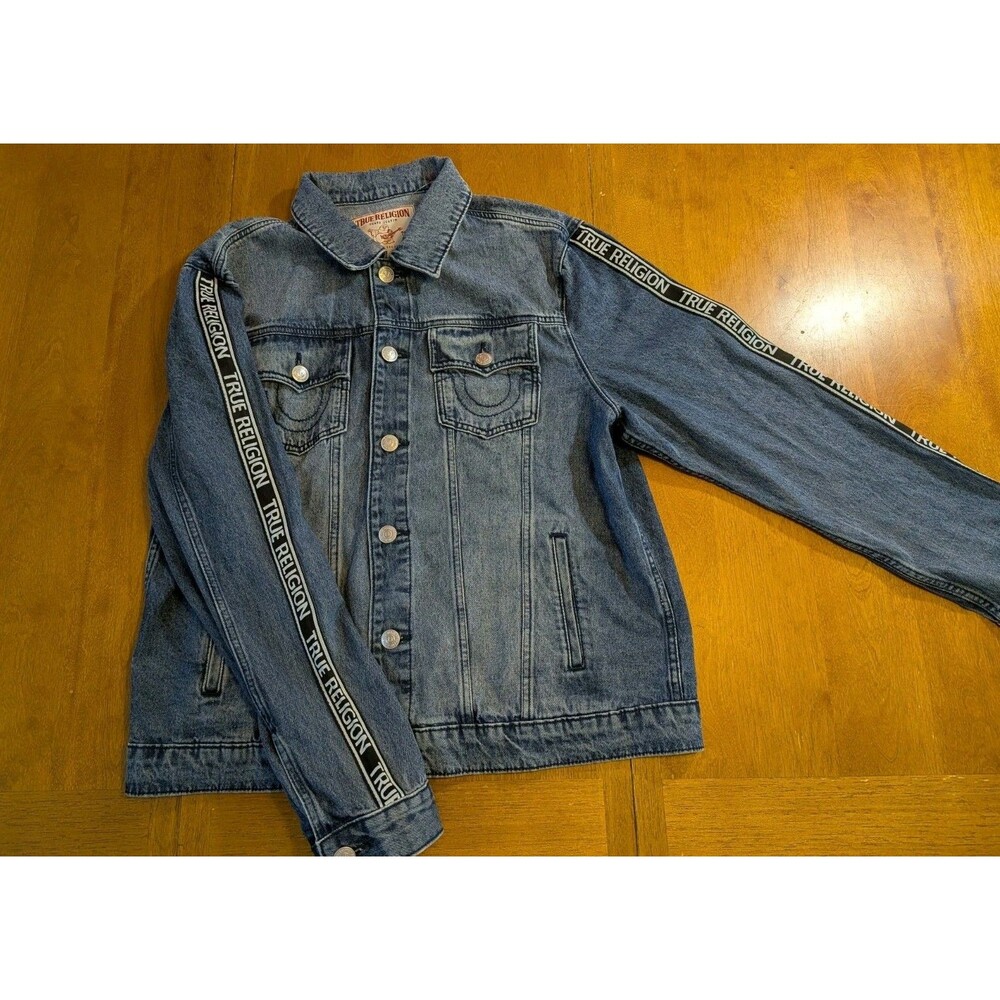 True Religion Denim Jacket XL Blue Logo Tape Sleeves NWOT Minor Flaw Y2K...